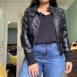 Cropped Leather Bomber Jacket